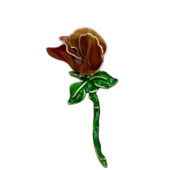 Rose Flower Brooch Pin Brown and Green Jewelry Accessory Boutonniere Ceramic - Picture 1 of 12